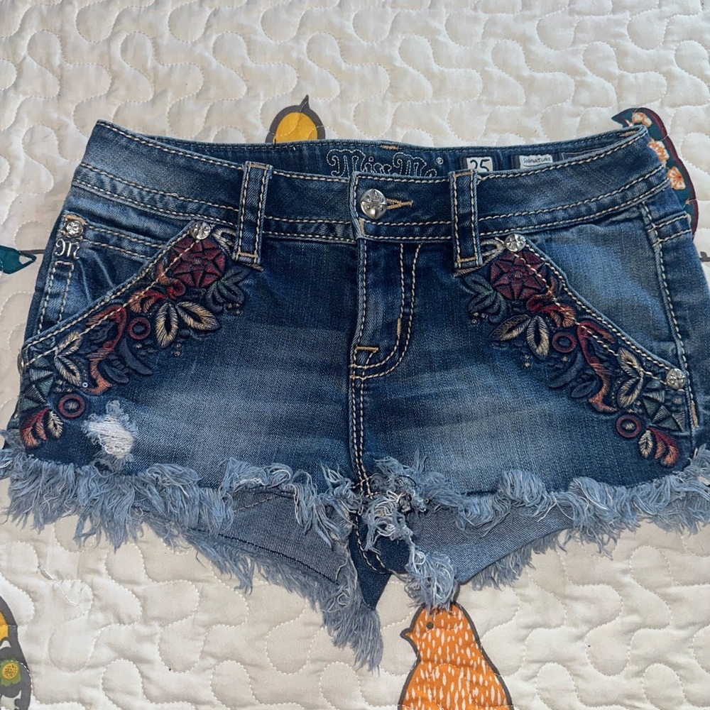 Miss Me Embroidered Distressed Jean Shorts